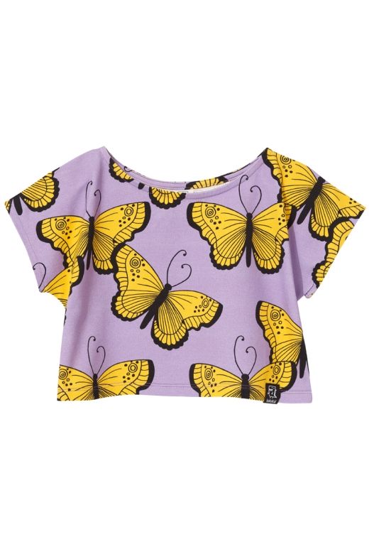 Krótka koszulka crop top fioletowa w motyle