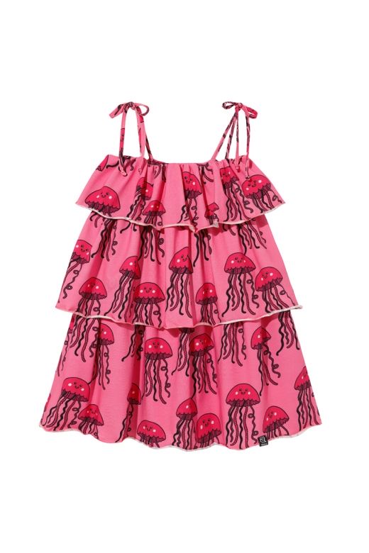 Różowa sukienka 3 falbany w meduzy